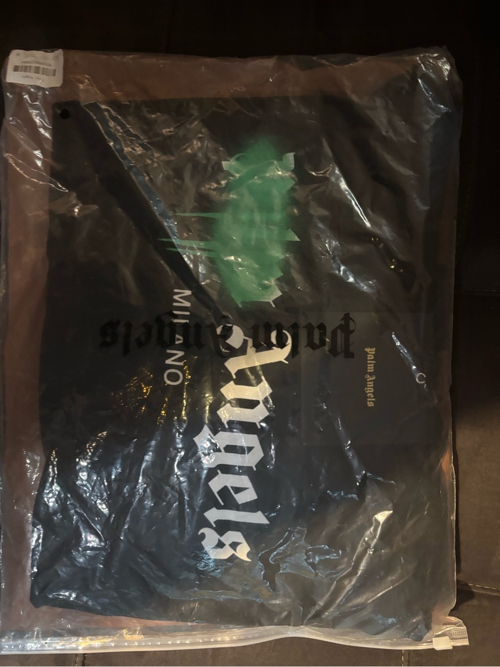 Palm Angels Black Hoodie with White Gothic Logo and Green Graphic